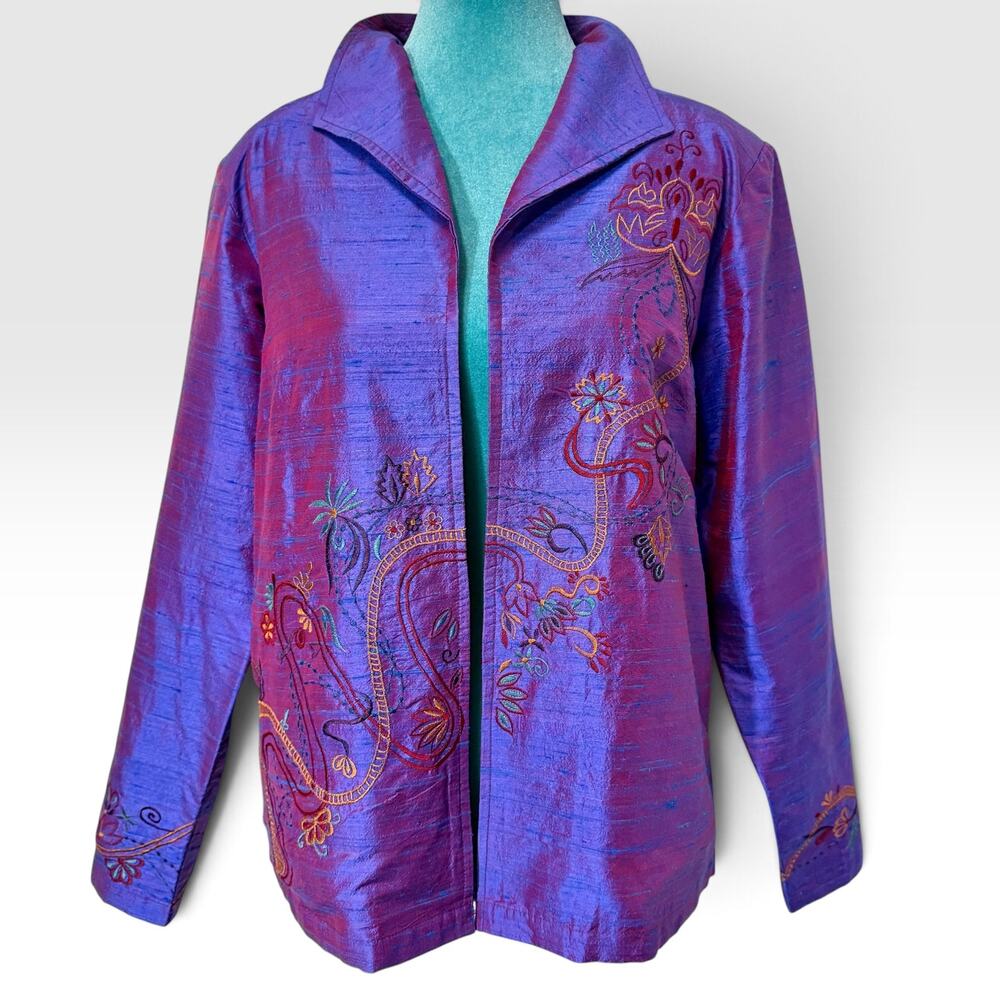 Vintage Coldwater Creek 100% Silk Embroidered Purple Jacket Size S